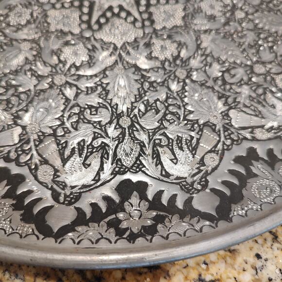 Vintage Handmade Vintage Middle Eastern Round Silver Tray Floral Design - Picture 11 of 16